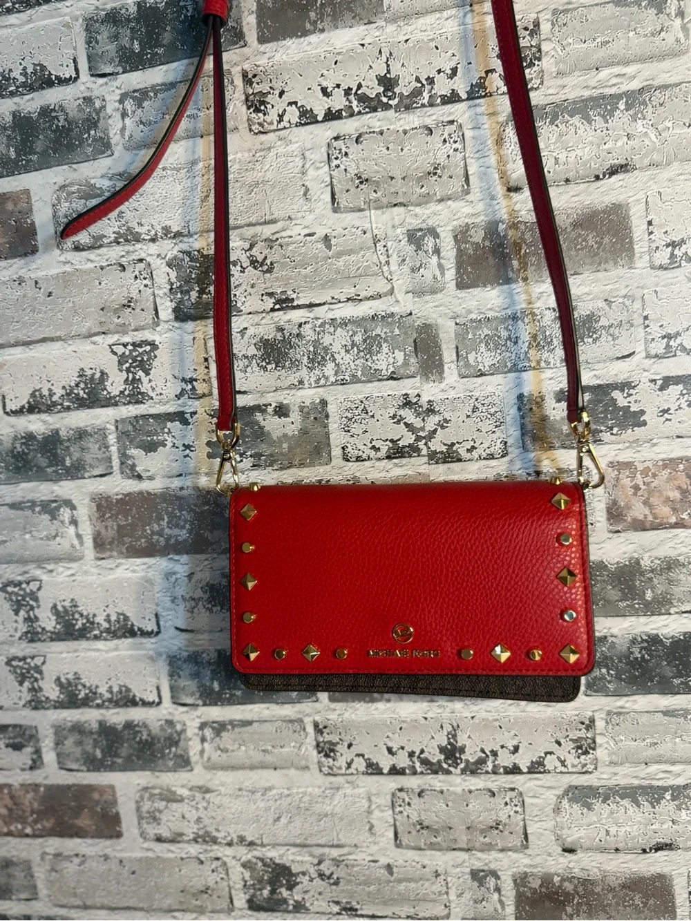 Michael Kors Red Leather Studded Crossbody Wallet with Gold Hardware